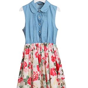 Popreal Sleeveless Chambray Top Floral Dress